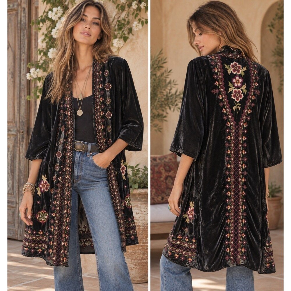 Kyla Seo Velvet Embroidered Cardigan Boho Kimono Black Floral Open Front Size: S
